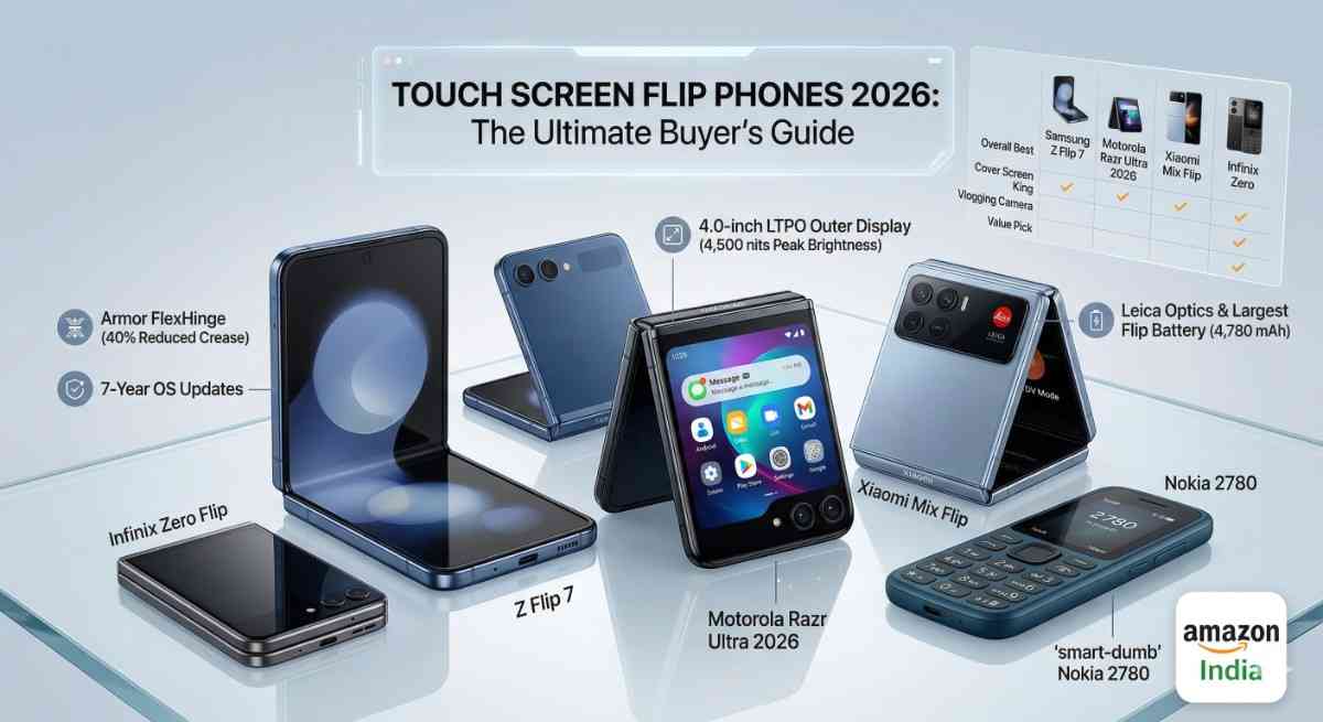Best touch screen flip phones 2026 buyer's guide featuring Samsung Z Flip 7, Motorola Razr Ultra, Xiaomi Mix Flip, and Infinix Zero Flip.