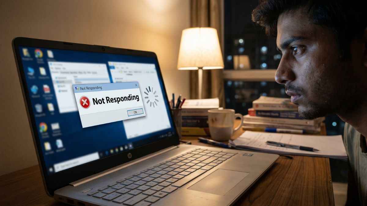 A young Indian male student from Noida, with weary eyes and weary eyes, staring intensely with an expression of pure frustration at the large, stylized 'Not Responding' error message box superimposed on the frozen screen of his open HP Laptop 14s-cf1xxx.