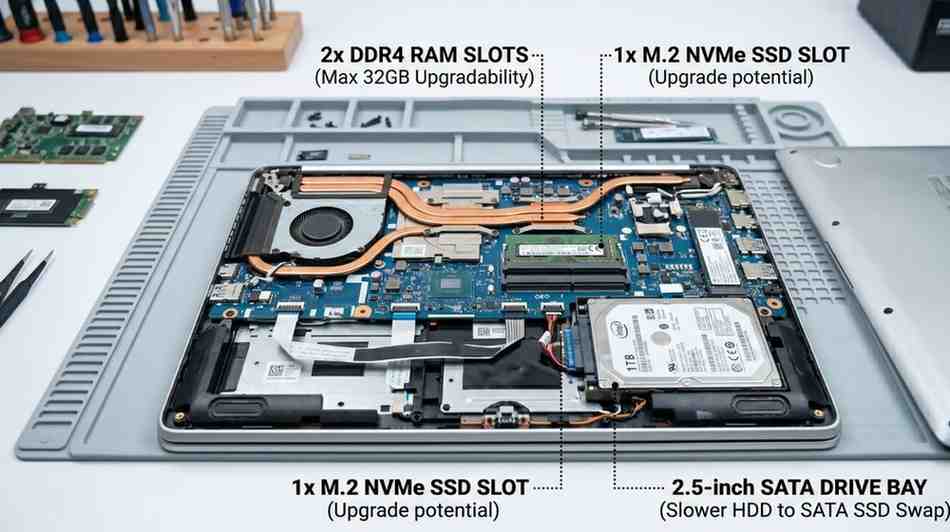 High-resolution photo of the open interior motherboard layout of the older silver HP Laptop 14s-cf1xxx from Noida, resting on a repair mat. Call-out labels with dotted lines precisely identify the two DDR4 RAM slots (Max 32GB Upgradability), the empty M.2 NVMe SSD slot (Upgrade potential), and the 2.5-inch SATA bay currently holding an older 1TB HDD (Slower HDD to SATA SSD Swap). The Intel Core i3-8145U CPU is covered by the copper heat pipe.