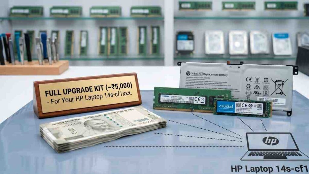 High-resolution product shot focused on essential upgrade components for the HP Laptop 14s-cf1xxx shown in image_2.png and image_4.png: a 16GB DDR4 RAM stick (correct specification), a 500GB NVMe M.2 SSD from Crucial, and a silver HT03XL replacement battery. They are resting on an anti-static mat centrally, next to a stack of Indian 500 Rupee notes (~₹5,000 value), which are to the left. A small placard reads: "FULL UPGRADE KIT (~₹5,000) - For Your HP Laptop 14s-cf1xxx." Dotted lines show the performance transformation on a stylized HP Laptop graphic from image_2.png. The background is a slightly blurred workshop.