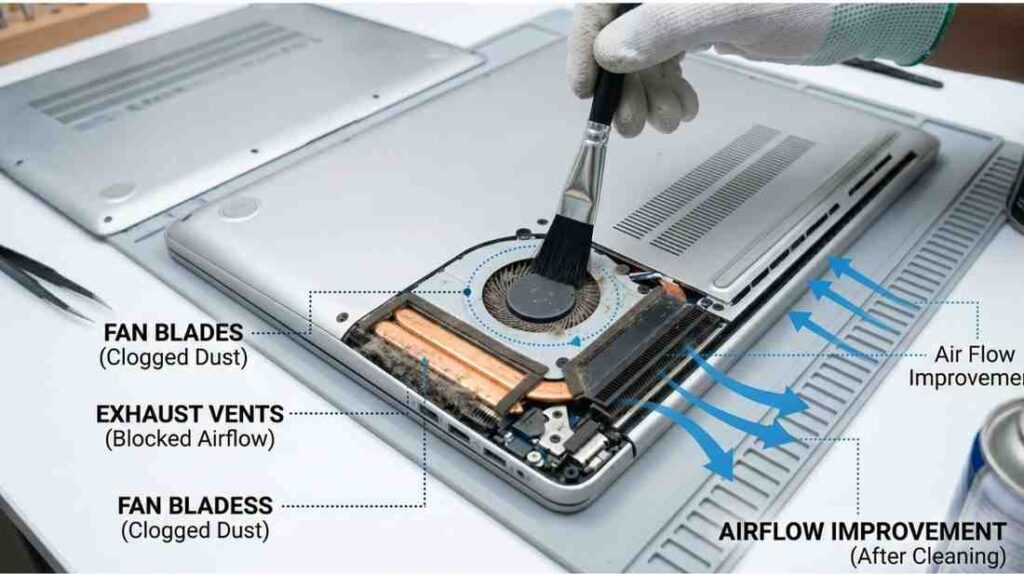 High-magnification close-up of a technician's anti-static gloved hand carefully cleaning heavy, visible dust and grime from the internal fan and side exhaust vents of an open older silver HP Laptop 14s-cf1xxx shown in image_2.png and image_4.png. A ESD-safe cleaning brush is being applied light pressure. Call-out labels with dotted precise lines point to "FAN BLADES (Clogged Dust)" and "EXHAUST VENTS (Blocked Airflow)" on the left, and a "AIRFLOW IMPROVEMENT (After Cleaning)" label on the right. The background is a slightly blurred, professional technical Noida repair workshop matching image_4.png's environment, under bright neutral lighting. The focus is sharp on the technical task.