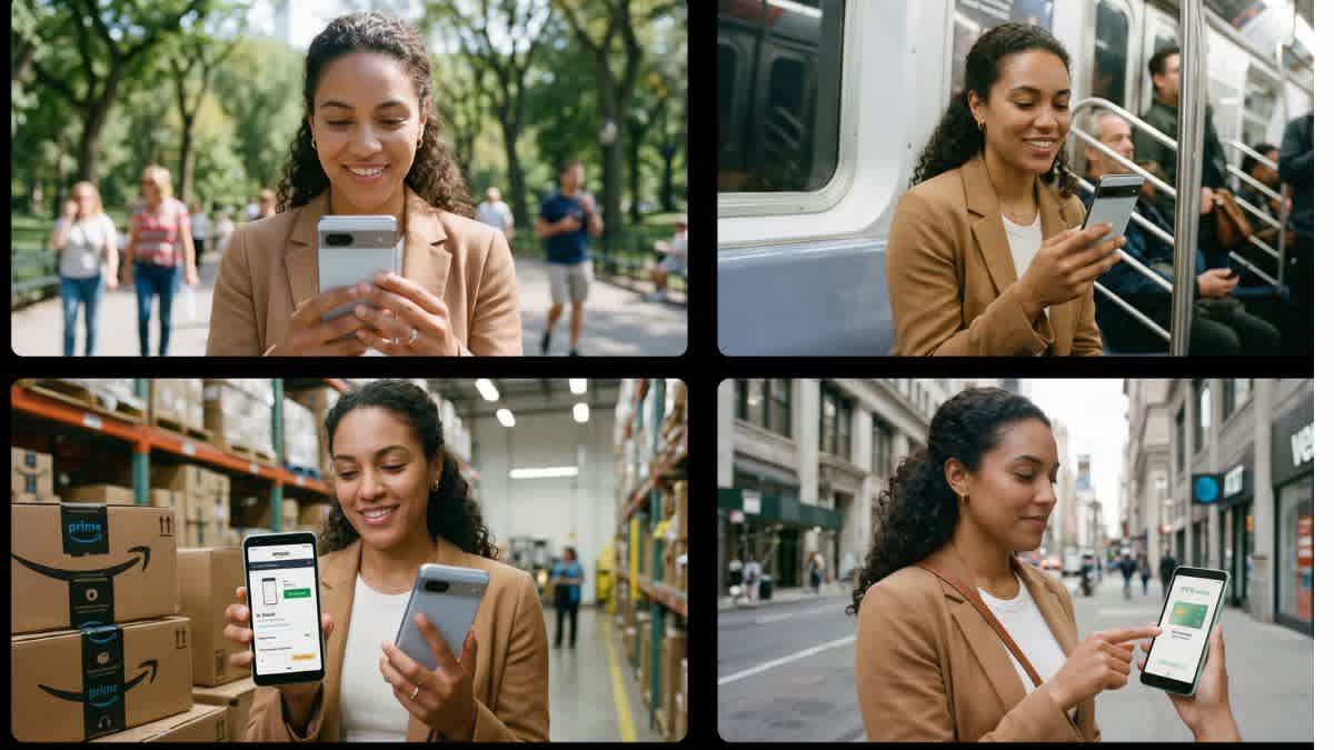 A smiling young woman in New York City holding the Google Pixel 10a in Obsidian Black, showcasing the phone's sleek design in a real-world US outdoor setting.