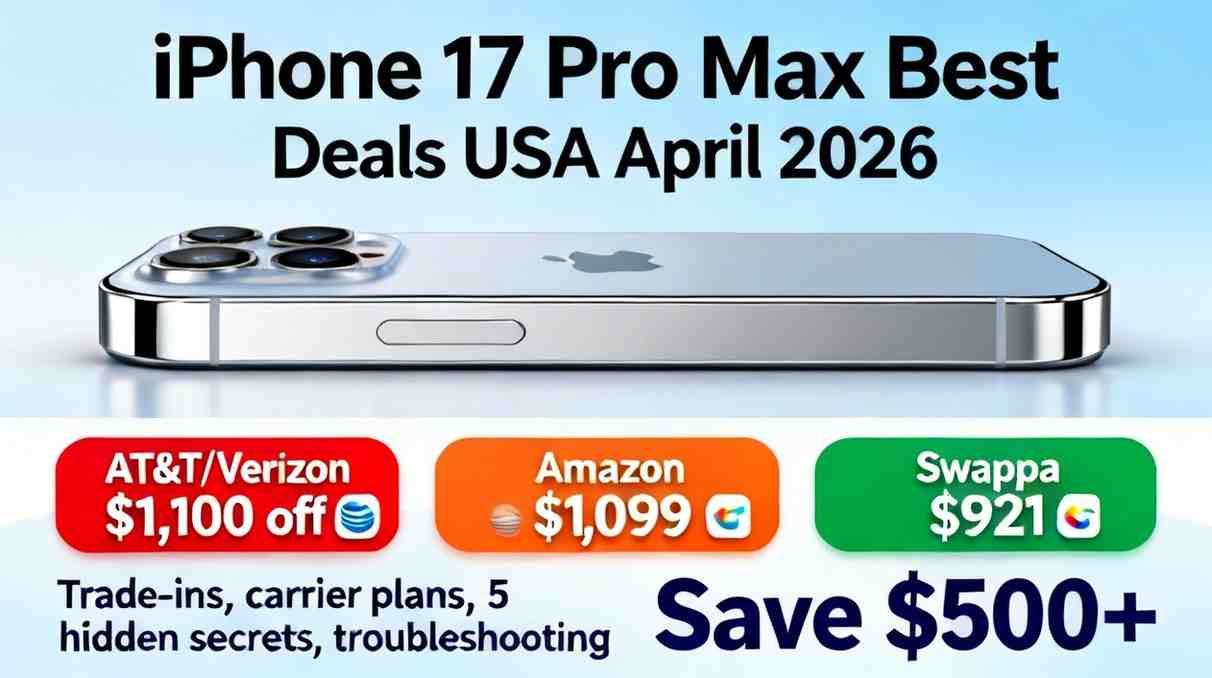 iPhone 17 Pro Max deals April 2026: AT&T/Verizon $$1,100 off, Amazon $$1,099, Swappa $$921. Trade-ins, carrier plans, 5 hidden secrets, troubleshooting. Save $$500+.