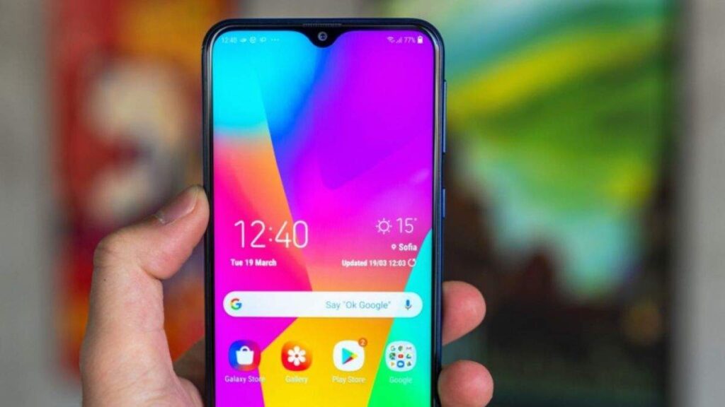 A close-up photograph derived from gsmarena images, showing a US traveler in flannel shirt inserting a local SIM into a Samsung M20 smartphone (sm m205f) derived from the specific model design of gsmarena_010.jpg. An open US passport is visible nearby.