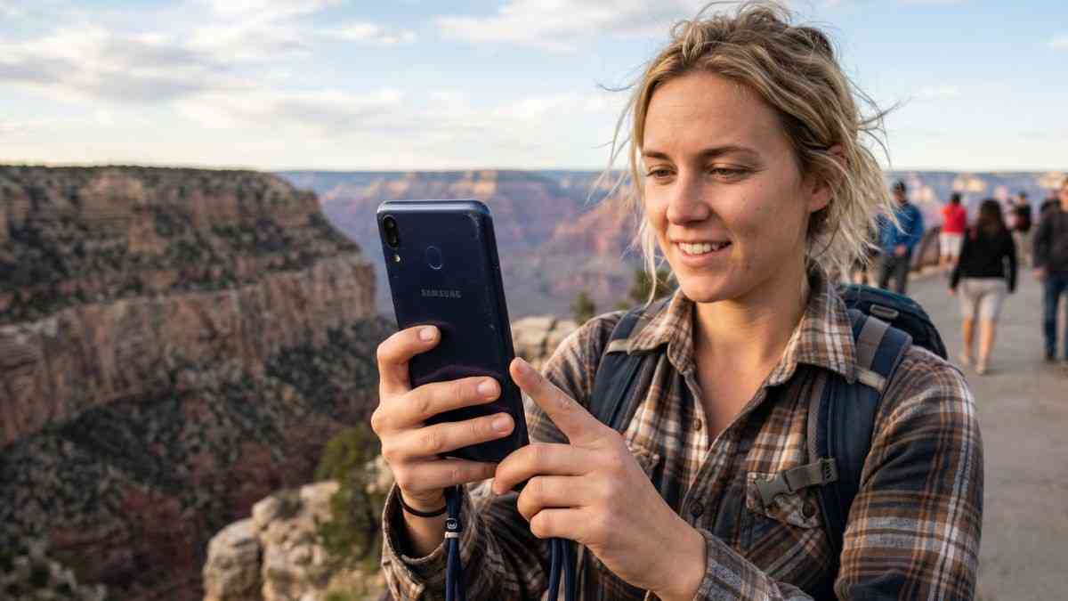 A realistic view of a person using a Samsung M20 smartphone in a scenic USA outdoor location, showcasing its sleek design and 6.3-inch display.