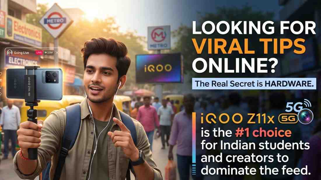 Indian student vlogging in a busy Delhi market using the iQOO Z11x 5G for professional quality video and viral tips online